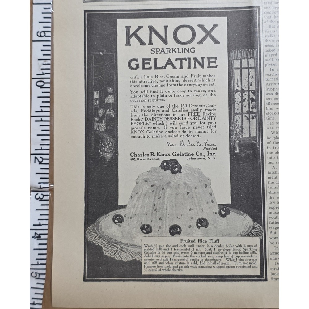 Vintage 1917 Knox Sparkling Gelatine Print Ad Fruited Rice Fluff Recipe Antique